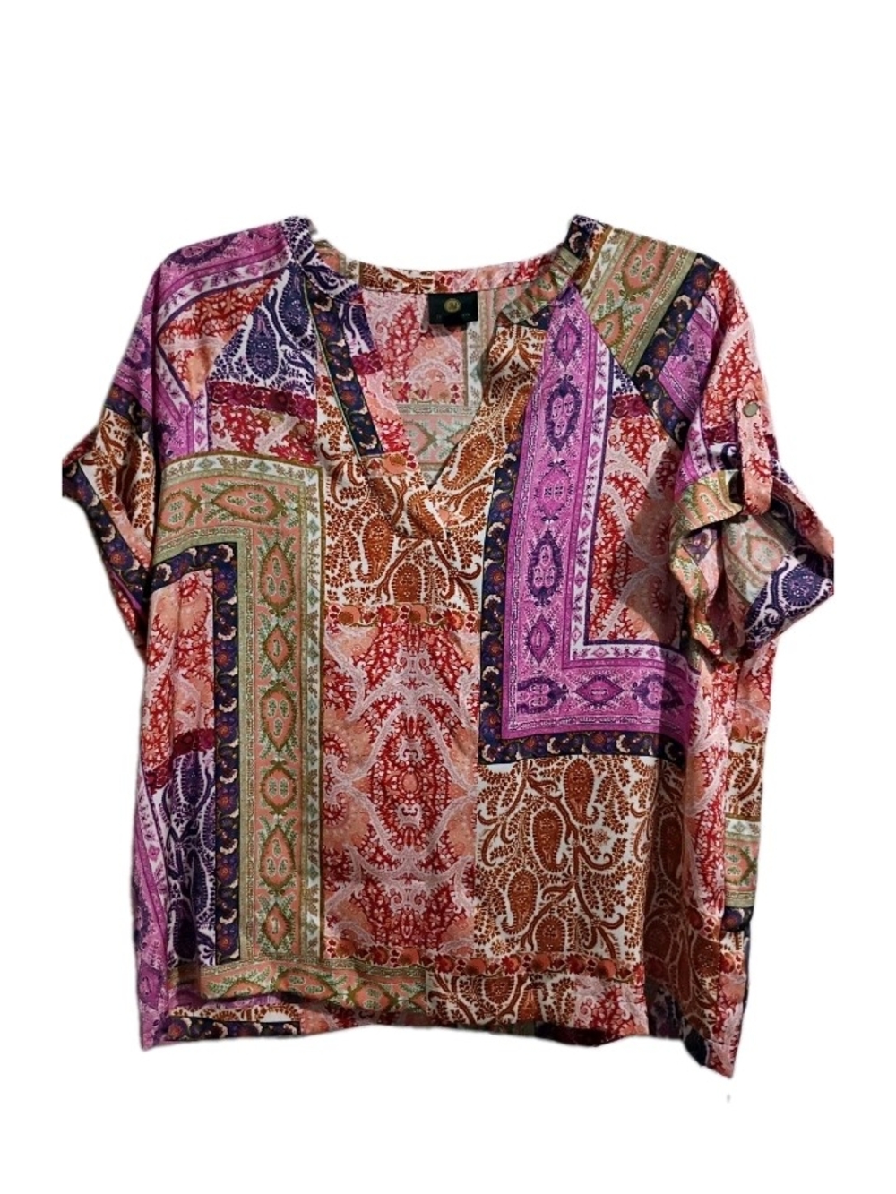 JM Collection Paisley V-Neck Tunic in Purple, Brown, Green